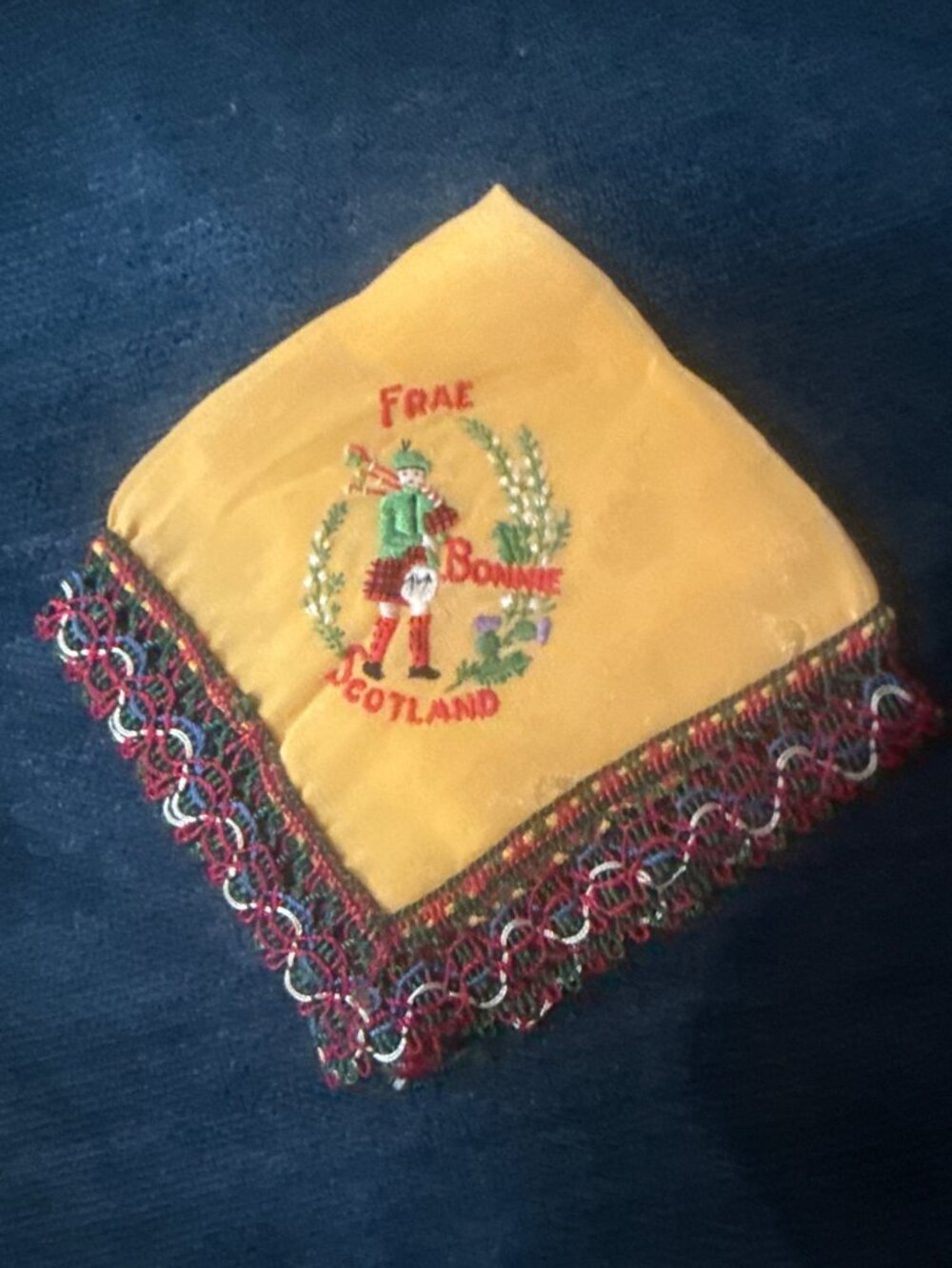 Vintage Yellow Scottish Handkerchief With Embroidered Bagpiper & Crocheted Borde
